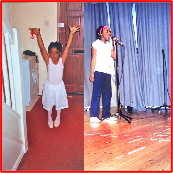 Orchid left ‘ The ballet dancer ‘2 years old and half Orchid right ‘ The solo singer ’ as : Alisha Dixon ‘ Breath slow’ in a school talent show at year 7. Landing her second important role in her primary school talent show . “ My best childhood memory... I would feel so happy-it really is such a precious beautiful memory before life as a young adult/teenager kicked in.” Orchidée Wafo. The Bridge MAG. Image