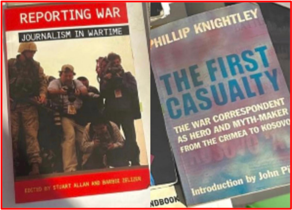 Ce « battement de tambour » était le thème du documentaire de Pilger de 1983, Frontline : The Search for Truth in Wartime. En Français : « Reportage en Première Ligne : La Recherche de la Vérité en Temps de Guerre. »Une histoire du journalisme de guerre allant de la Crimée au XIXe siècle (« la dernière guerre Britannique sans censure ») à la guerre des Malouines de Margaret Thatcher en 1982. « La vérité, c’est que les reportages d’un (e) journaliste indépendant (e) depuis la ligne de front et les photographies de fosses communes n’ont jamais été publiés dans la Média mainstream. En Palestine occupée, les intimidations et les assassinats de journalistes non occidentaux par les Israéliens sont rarement rapportés. » - John Pilger The Bridge MAG. Image 
